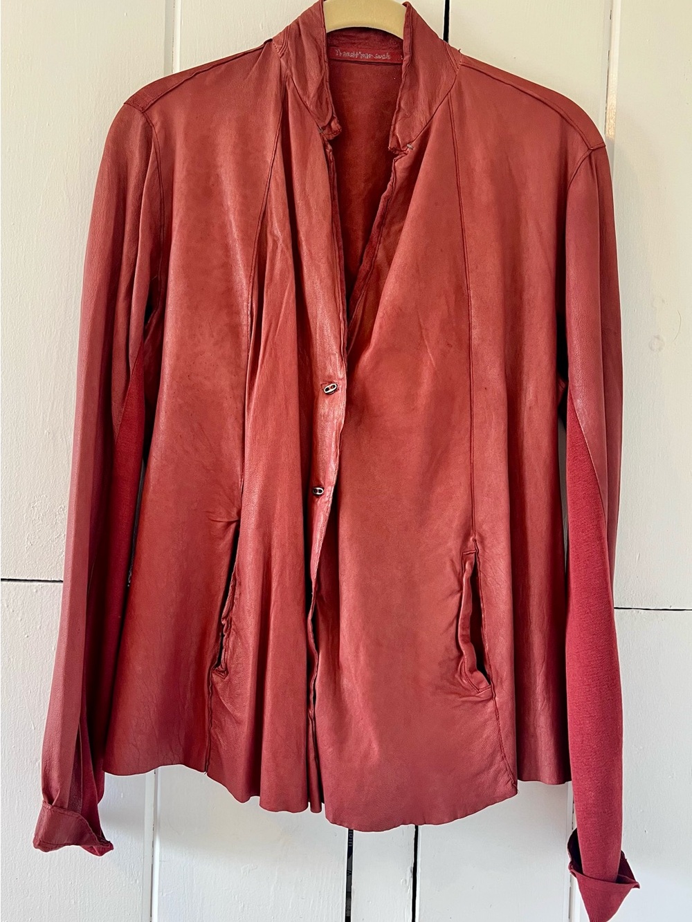 Transit Par Such Women's Red Leather Jacket - Elegant Draped Front US Size 6